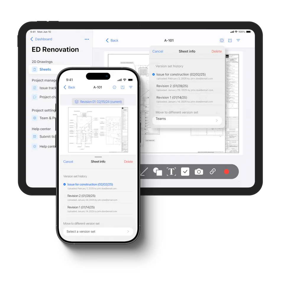 TruScope inspection app on iPad and iPhone showing approved construction drawings and inspection markups